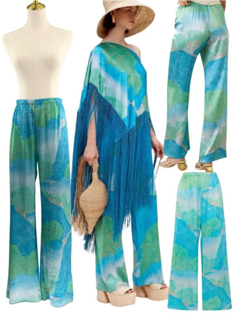 🆕 CULT GAIA 🧿 NWOT Stacie Printed HiWaisted Silk Pants, Blue Landscape - Sz M